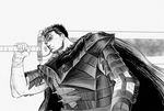  armor bandages belt berserk cape dragonslayer_(sword) facial_scar greyscale guts highres hikichi_sakuya huge_weapon knife lips male_focus monochrome nose_scar scar scar_on_cheek simple_background solo sword weapon 