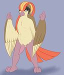  animal_genitalia animal_penis anthro anthrofied avian beak bird brown_fur chest_tuft claws erection feathered_wings feathers front_view fur grey_eyes hair half-closed_eyes looking_at_viewer male multicolored_hair nintendo nude penis pidgeot pok&eacute;mon posexe presenting simple_background solo spread_legs spreading standing tapering_penis tuft video_games white_fur wings 