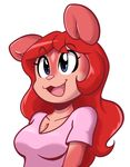  anaugi anthro blue_eyes breasts cleavage clothed clothing female fur hair half-length_portrait jam_(miu) mammal open_mouth portrait red_fur red_hair rodent simple_background smile solo squirrel white_background 
