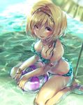  alternate_costume aqua_bikini ass ball bare_arms bare_legs bare_shoulders barefoot beach_umbrella beachball bikini blonde_hair blush bracelet breasts chromatic_aberration collarbone djeeta_(granblue_fantasy) eyebrows eyebrows_visible_through_hair eyes_visible_through_hair frilled_bikini frills from_above glowing glowing_eyes granblue_fantasy halter_top halterneck heian_jirou highres jewelry lips looking_at_viewer medium_breasts midriff open_mouth orange_eyes parted_lips partially_submerged pendant shiny shiny_clothes shiny_skin short_hair sitting sitting_on_water skindentation smile solo swimsuit thighs umbrella under_umbrella wariza water 