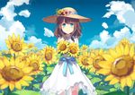  bad_revision bare_shoulders blue_eyes blue_sky blurry blush brown_hair cloud day depth_of_field downscaled_revision dress field flower flower_field hat hat_flower long_hair looking_at_viewer md5_mismatch original outdoors sky smile solo standing sun_hat sundress sunflower sutorora white_dress 