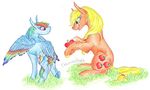  absurd_res apple applejack_(mlp) blonde_hair blue_feathers blue_fur cutie_mark dawn22eagle duo equine eye_contact eyelashes feathered_wings feathers food friendship_is_magic fruit fur grass green_eyes hair hi_res hooves mammal multicolored_feathers multicolored_hair my_little_pony orange_fur pegasus pink_eyes rainbow_dash_(mlp) rainbow_feathers rainbow_hair simple_background sitting standing traditional_media_(artwork) white_background wings 