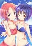  :o ;) bangs bare_arms bare_shoulders bikini bikini_skirt blue_hair blush brown_eyes brown_hair cloud collarbone commentary_request day eyebrows_visible_through_hair gochuumon_wa_usagi_desu_ka? hinata_yuu_(atelierhinata) hug jouga_maya long_hair looking_at_viewer multiple_girls natsu_megumi navel ocean one_eye_closed open_mouth outdoors short_hair sky smile swimsuit upper_body w water waves 