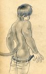  athletic belt butt clothed clothing looking_at_viewer looking_back male mammal monkey monochrome open_pants pants_down partially_clothed pencil_(artwork) pinup pose primate rear_view solo standing traditional_media_(artwork) tush underwear underwear_down 