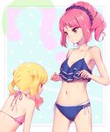  ? aikatsu!_(series) aikatsu_stars! bikini blonde_hair blue_bikini blue_eyes blush breasts brown_eyes cleavage collarbone drill_hair frilled_bikini frills hairband highres layered_bikini multiple_girls navel nijino_yume noske pink_bikini pink_hair sakuraba_rola sidelocks simple_background small_breasts staring string_bikini swimsuit twintails white_bikini_bottom 