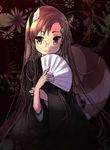  animal_ears brown_eyes brown_hair fan flower folding_fan futatsuiwa_mamizou futatsuiwa_mamizou_(human) glasses hair_ornament japanese_clothes leaf_hair_ornament raccoon_ears raccoon_tail sen1986 smile tail touhou 
