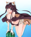  animal_ears bikini black_hair blue_eyes breasts cat_ears cat_tail cleavage food fruit gloves goggles goggles_on_head granblue_fantasy highres jessica_(granblue_fantasy) large_breasts long_hair neo_yakiri sandals shawl solo swimsuit tail watermelon white_gloves 
