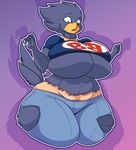  avian beak big_breasts breast_expansion breasts candy clothing feathers female food gender_transformation growth huge_breasts jaeh nipples simple_background solo standing transformation wide_hips 