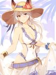  animal_ears bangs bracelet bracer braid breasts brown_eyes cleavage cloud collarbone covered_navel ears_through_headwear erune flower granblue_fantasy grin hair_between_eyes hair_tubes hat hat_flower heles hibiscus jewelry long_hair manaka_(gunjooou) medium_breasts one-piece_swimsuit palm_tree parted_lips silver_hair single_braid smile solo sun_hat swimsuit tree very_long_hair white_swimsuit 