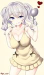  :q apron artist_name bare_arms bare_shoulders blush bow breasts brown_bow cleavage closed_mouth collarbone covered_nipples cowboy_shot eyebrows eyebrows_visible_through_hair heart highres holding kantai_collection kashima_(kantai_collection) ladle large_breasts looking_at_viewer myuu_(arisumeria) naked_apron no_bra no_panties short_hair short_twintails simple_background smile solo standing tongue tongue_out twintails twitter_username wavy_hair yellow_apron yellow_background 