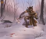  3_toes akineza anthro axe blood blue_eyes brown_fur canine day detailed_background digitigrade feathers fluffy fluffy_tail fur kneeling male mammal melee_weapon muscular muscular_male outside snow solo toes tomahawk weapon winter wolf 