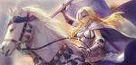  animal armor blonde_hair blue_eyes cape chain cowter equestrian fate/apocrypha fate/grand_order fate_(series) fur_trim gauntlets gorget highres horse jeanne_d'arc_(fate) jeanne_d'arc_(fate)_(all) long_hair luciana1 standard_bearer 