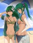  aki_(aoirowings) artemis_(p&amp;d) ass athena_(p&amp;d) back beach beach_umbrella bikini blue_sky breasts butt_crack cloud collarbone cowboy_shot day flower green_eyes green_hair hair_flower hair_ornament hair_tucking highres long_hair medium_breasts multiple_girls navel open_clothes open_mouth open_shirt outdoors parted_lips ponytail puzzle_&amp;_dragons red_eyes sarong see-through shirt sideboob sky surprised swimsuit umbrella undressing very_long_hair yellow_bikini 
