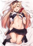  bed_sheet black_legwear black_ribbon black_serafuku blonde_hair blush breasts bridal_gauntlets fang fingerless_gloves from_above gloves gradient_hair hair_flaps hair_ornament hair_ribbon hairclip highres kantai_collection lips long_hair looking_at_viewer lying medium_breasts miniskirt multicolored_hair navel no_bra on_back open_mouth panties pleated_skirt pulled_by_self red_eyes red_hair remodel_(kantai_collection) ribbon school_uniform serafuku shiny shiny_skin short_sleeves skindentation skirt skirt_lift skirt_pull solo sweat umakuchi_shouyu underboob underwear white_panties yuudachi_(kantai_collection) 