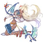  1ml ;d ahoge bangs bare_shoulders belt bikini blonde_hair blue_skirt bow brown_eyes dark_skin dragon flower full_body granblue_fantasy hair_between_eyes hair_flower hair_ornament hibiscus highres long_hair long_sleeves miniskirt navel one_eye_closed open_clothes open_mouth open_shirt partially_undressed pleated_skirt sandals sheath sheathed shirt side-tie_bikini simple_background skirt smile solo swimsuit sword tail tail_bow weapon white_background white_bikini white_shirt zooey_(granblue_fantasy) 