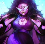  \m/ breasts chromatic_aberration cleavage cleavage_cutout fangs gem kamina_shades large_breasts looking_at_viewer multiple_arms purple_hair purple_skin solo steven_universe sugilite_(steven_universe) sunglasses third_eye tongue tongue_out upper_body viorie 