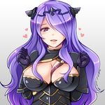  armor between_breasts black_armor breasts camilla_(fire_emblem_if) circlet cleavage clenched_hands fire_emblem fire_emblem_if gradient gradient_background hair_over_one_eye heart kiritsuki_yuu_koromo large_breasts long_hair looking_at_viewer purple_eyes purple_hair smile solo strap tiara upper_body 