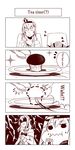  absurdres bismarck_(kantai_collection) bow bowtie brown chair close-up closed_mouth comic crown cup dotted_line eating english food food_on_face fork hat height_difference highres holding holding_cup jitome kantai_collection mini_crown monochrome muffin peaked_cap plate sitting sparkle sweatdrop teacup text_focus tongs tsukuba_0623 upper_body warspite_(kantai_collection) 