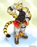  anthro athletic belt boots clothed clothing feline footwear fur greeting invalid_tag kuroma looking_at_viewer male mammal muscular pants sharp_teeth shirt smile solo tank_top teeth tiger tongue 