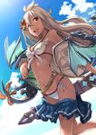  ahoge akita_hika belt bikini blush breasts cloud dark_skin day downscaled dragon flower granblue_fantasy hair_flower hair_ornament long_hair looking_at_viewer md5_mismatch navel open_mouth outdoors resized skirt sky smile solo swimsuit white_bikini white_hair zooey_(granblue_fantasy) 