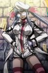  beret breasts drifters glasses gloves hair_ribbon hat highres long_hair medium_breasts necktie official_art olmine pentagram ribbon short_shorts shorts silver_hair solo striped striped_legwear talisman thighhighs twintails very_long_hair wall white_gloves 