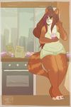  2016 3_toes 5_fingers baking bear breasts cahae chopsticks city clothing cupcake female food fur green_eyes hair kitchen long_hair mammal multicolored_fur oven panda pandaren raining red_panda shirt shootsu shorts smile solo tank_top thick_thighs toes two_tone_fur video_games warcraft wide_hips window 