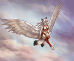  4_toes akineza anthro black_nose blue_eyes breasts canine clothed clothing day digitigrade feathered_wings feathers female flying fox fur hair inner_ear_fluff mammal multi_tail outside sky smile solo toes white_feathers white_fur white_hair wide_hips winged_fox wings 