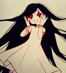  :&gt; black_hair bleeding blood character_request dress fleshchild hands_on_own_cheeks hands_on_own_face highres horror_(theme) long_hair red_eyes solo stitched tetra_(tetratheripper) third-party_edit traditional_media very_long_hair white_background white_dress 