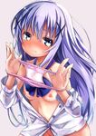  blue_eyes blue_hair bottomless breasts giving gochuumon_wa_usagi_desu_ka? groin hair_ornament hairclip hamuta0404 highres holding holding_panties kafuu_chino long_hair navel nipples no_bra off_shoulder open_clothes open_shirt out-of-frame_censoring panties panties_removed pee_stain pink_panties polka_dot polka_dot_panties presenting_panties shirt small_breasts solo tears unbuttoned underwear upper_body 