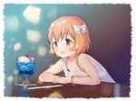  :d blush bow bracelet brown_hair cherry commentary_request cup drink drinking_glass food fruit goblet hair_bow ice_cream ice_cream_float idolmaster idolmaster_cinderella_girls jewelry koga_koharu open_mouth sekiya_asami smile solo 