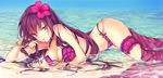  alternate_costume arm_support bare_shoulders bikini bracelet breasts cleavage closed_mouth fate/grand_order fate_(series) flower hair_flower hair_ornament hand_in_hair hibiscus jewelry kinokohime leg_garter long_hair looking_at_viewer lying medium_breasts ocean on_side outdoors pink_bikini pink_eyes purple_hair red_lips sarong scathach_(fate)_(all) scathach_(swimsuit_assassin)_(fate) solo swimsuit water 