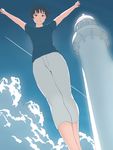  \o/ arms_up barefoot black_eyes black_hair blue_shirt capri_pants cloud day denim foreshortening from_below gake_no_ue_no_ponyo grin jas jeans lighthouse lisa_(ponyo) looking_at_viewer looking_down outstretched_arms pants perspective shirt short_hair short_sleeves sky smile smoke_trail solo standing 