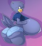  avian beak big_breasts breasts butt clothing feathers female growth huge_breasts jaeh nipples nude simple_background solo standing wide_hips 