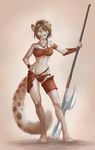  2015 4_toes 5_fingers akineza anthro armor bracers breasts brown_hair clothed clothing dirt fangs feline female fluffy fluffy_tail hair hi_res jewelry mammal melee_weapon necklace polearm saber-toothed_cat sabertooth_(feature) simple_background solo standing teeth toes weapon wide_hips yellow_eyes 