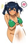  bangs bare_shoulders bikini bikini_top blue_eyes blue_hair blush bottomless breasts cleavage collarbone commentary_request embarrassed green_bikini hair_ribbon hyouju_issei kantai_collection large_breasts long_hair looking_at_viewer navel ribbon see-through solo souryuu_(kantai_collection) spoken_blush sweat swimsuit tan tears twintails wavy_mouth 