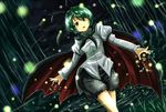  antennae arm_garter black_cape black_shorts blush cape collared_shirt cowboy_shot dutch_angle fireflies futagojima green_eyes green_hair juliet_sleeves long_sleeves looking_at_viewer night night_sky outdoors outstretched_arms parted_lips puffy_sleeves shirt short_hair shorts sky solo spread_arms standing touhou wading white_shirt wriggle_nightbug 
