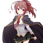  black_skirt blazblue brown_hair cape celica_a_mercury hair_ribbon heart long_hair looking_at_viewer pleated_skirt ponytail red_eyes red_ribbon ribbon shiinaki simple_background skirt solo white_background 