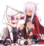  asymmetrical_gloves bare_shoulders black_dress black_gloves black_legwear blush breasts cape chain chloe_von_einzbern commentary_request cosplay dark_skin dress embarrassed eyepatch failure fate/kaleid_liner_prisma_illya fate_(series) fingerless_gloves gloves hair_bun hair_ornament hair_stick hand_on_another's_head haribote_(tarao) illyasviel_von_einzbern kanshou_&amp;_bakuya long_hair multiple_girls nameless_dagger navel one_knee open_mouth petting pink_hair red_eyes rider rider_(cosplay) siblings simple_background sisters sitting small_breasts strapless strapless_dress sweatdrop sword thighhighs waist_cape wariza wavy_mouth weapon white_background white_hair wrapped_up yellow_eyes 