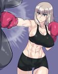 abs bike_shorts blue_eyes boxing boxing_gloves breasts covered_nipples girls_und_panzer gloves itsumi_erika large_breasts midriff mizuumi_(bb) muscle muscular_female navel punching_bag short_hair silver_hair solo sports_bra 