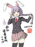  :d alternate_hairstyle animal_ears black_legwear blazer braid bunny_ears character_name cowboy_shot dated holding holding_hair inuno_rakugaki jacket lavender_hair long_braid long_hair looking_at_viewer miniskirt necktie open_mouth pink_skirt red_eyes red_neckwear reisen_udongein_inaba simple_background single_braid skirt smile solo touhou translated v white_background 