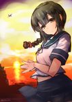  black_eyes black_hair blue_skirt braid cloud hair_ribbon head_tilt isonami_(kantai_collection) kantai_collection long_hair looking_at_viewer navel ocean outdoors pleated_skirt red_ribbon ribbon school_uniform serafuku shinshin short_sleeves skirt sky smile solo sun sunset twitter_username wind yellow_sky 