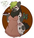  4_fingers anthro apron clothed clothing cookie dialogue english_text eyes_closed female food fur green_hair green_pawpads hair hi_res hyena mammal markings napalm_(artist) neck_tuft nipples partially_clothed pawpads simple_background slightly_chubby smile solo text tuft 