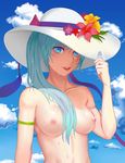  1girl aqua_hair areolae blue_eyes breasts clouds collarbone female flower hat long_hair looking_at_viewer nipples parted_lips rwby simple_background sky solo weiss_schnee wet zhao_shixuan 