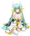  aqua_hair bare_shoulders bikini blush bow breasts cleavage detached_collar eyebrows_visible_through_hair fate/grand_order fate_(series) hair_bow hattori_masaki horns japanese_clothes kiyohime_(fate/grand_order) kiyohime_(swimsuit_lancer)_(fate) large_breasts long_hair looking_at_viewer low_twintails off_shoulder simple_background sitting smile solo swimsuit thighhighs twintails wariza white_background white_legwear yellow_bikini yellow_eyes 