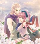  1girl bad_id bad_pixiv_id blonde_hair bow ceser cloud dragon_quest dragon_quest_heroes dragon_quest_heroes_ii fingerless_gloves flower gloves green_eyes leaf long_hair pink_eyes pink_hair ponytail scarf shinkan_minarai sitting sky teresia 