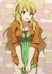  bad_id bad_pixiv_id blonde_hair breasts cleavage collarbone dress green_dress green_eyes hoshii_miki idolmaster idolmaster_(classic) jacket long_hair medium_breasts necktie open_clothes open_jacket open_mouth orange_jacket rikku04 solo 