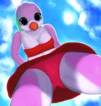 absurd_res anthro avian beak bird black_eyes breasts clothing feathers hi_res looking_at_viewer low-angle_view panties simple_background solo thousandfoldfeathers underwear 