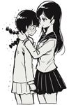  1boy 1girl blush crossdressing kageyama_shigeo mob_psycho_100 monochrome school_uniform skirt smile takane_tsubomi trap twin_braids uniform white_background 