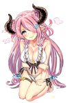  alternate_costume bare_arms bare_legs bare_shoulders barefoot bikini bikini_pull blue_eyes braid breast_hold breasts demon_horns double_bun draph granblue_fantasy groin hair_ornament hair_over_one_eye highres horns large_breasts lavender_hair long_hair looking_at_viewer low_twintails midriff narmaya_(granblue_fantasy) navel pointy_ears seiza sitting smile solo swimsuit thigh_strap twin_braids twintails white_bikini yikoyi 