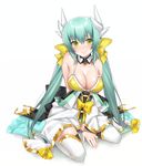  aqua_hair bare_shoulders bikini blush bow breasts cleavage detached_collar eyebrows_visible_through_hair fate/grand_order fate_(series) green_eyes hair_bow hattori_masaki horns japanese_clothes kiyohime_(fate/grand_order) kiyohime_(swimsuit_lancer)_(fate) large_breasts long_hair looking_at_viewer low_twintails off_shoulder simple_background sitting smile solo swimsuit thighhighs twintails wariza white_background white_legwear yellow_bikini 